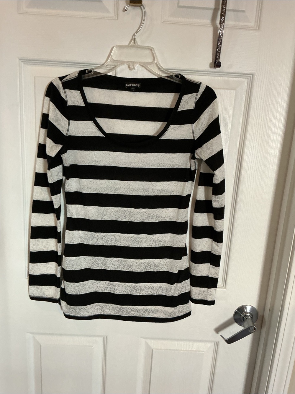 Express Black and White Striped Long Sleeve Scoop Neck Top